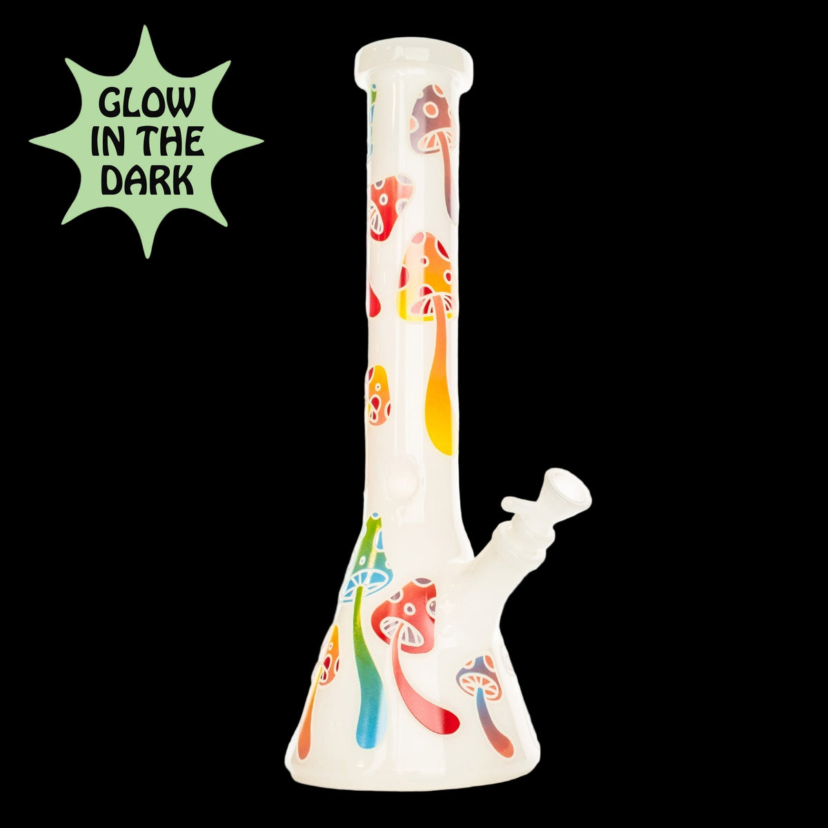 Red Eye Glass 15" Glow-in-the-Dark Mushroom Magic Beaker Base Water Pipe - Clear glass water pipe with a flared beaker base, colorful mushroom designs, and glow-in-the-dark details.