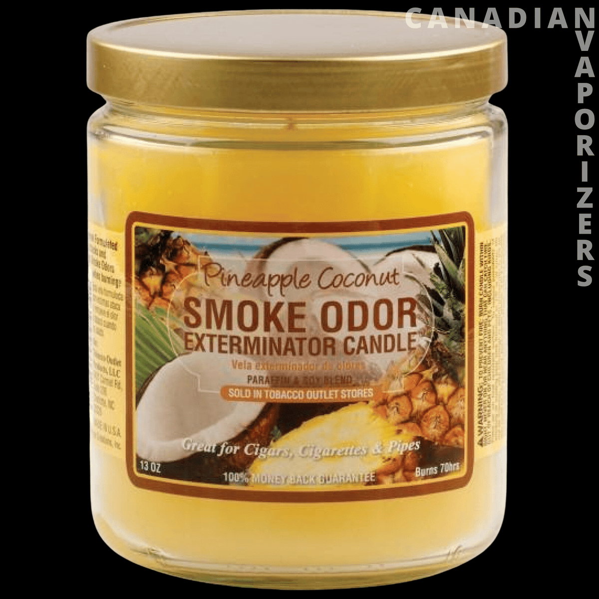 Smoke Odor 13oz Pineapple Coconut Candle - Clear glass jar candle with a gold lid and pineapple coconut smoke odor eliminator label.