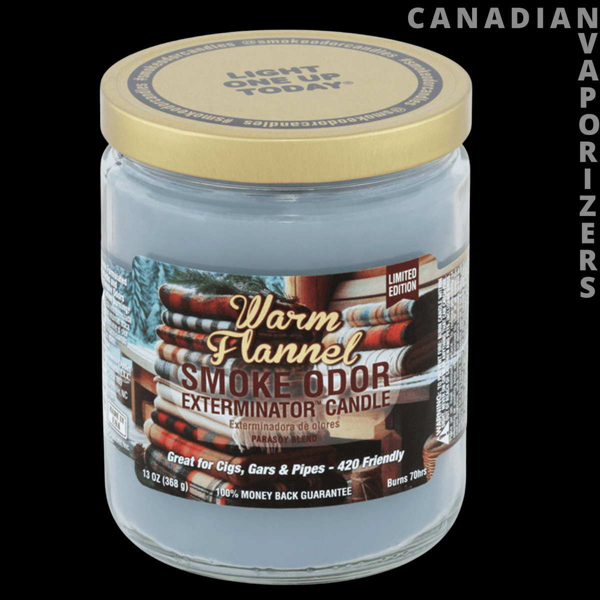 Smoke Odor Exterminator 13Oz Candle - Glass Smoke Odor Exterminator candle with a gold lid and “Warm Flannel” label in a 13 oz jar.