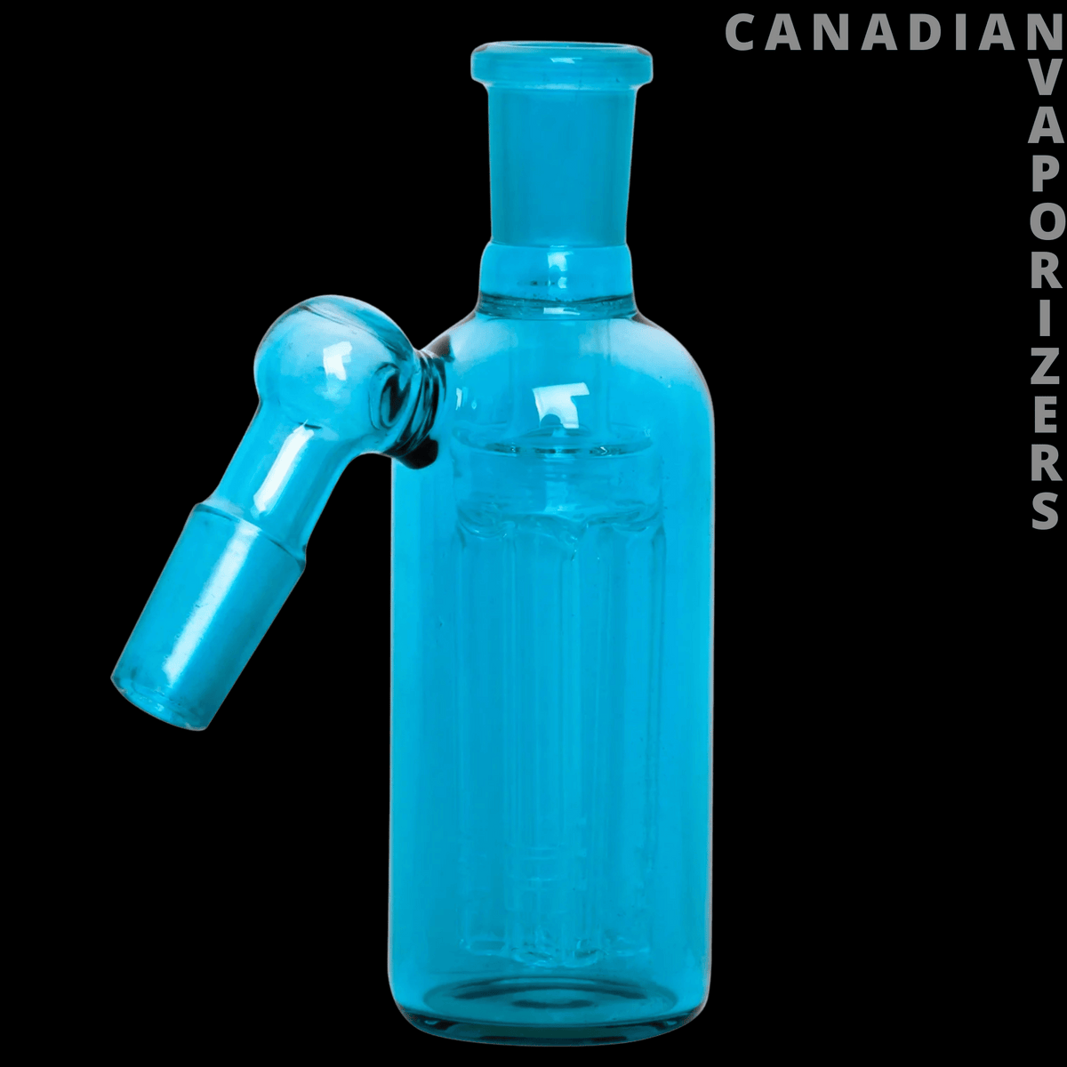 14mm 45 Degree Day Glow Ash Catcher W/4-Arm Tree Perc - Translucent blue glass ash catcher with a cylindrical chamber and angled 45-degree joint.