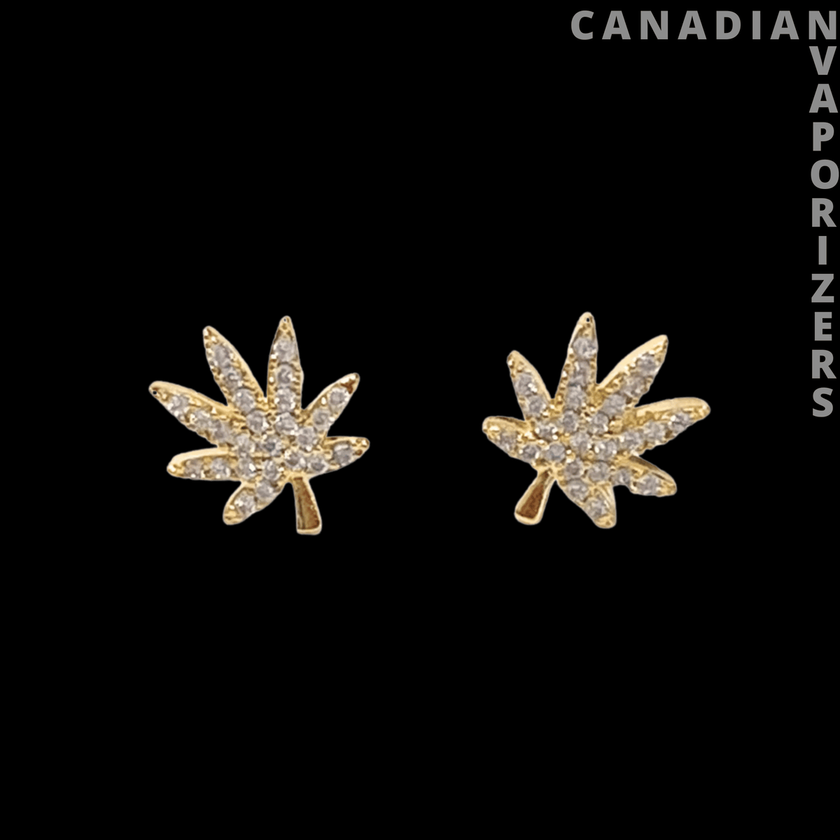18K Gold Cannabis Leaf Earrings - Pair of gold-tone cannabis leaf stud earrings with sparkling pavé detailing.