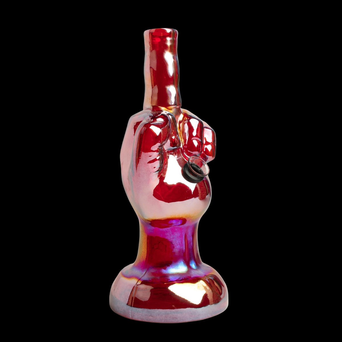 Retro Glass 10" Middle Finger Bong - Glossy red and purple glass bong shaped like a raised middle finger, with a rounded base.