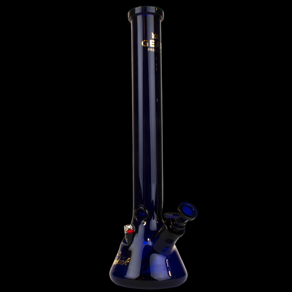 Gear Premium 18" 7mm Thick Sidekick Beaker Tube - Blue-tinted 18-inch glass beaker bong with a thick straight tube and angled sidekick mouthpiece.