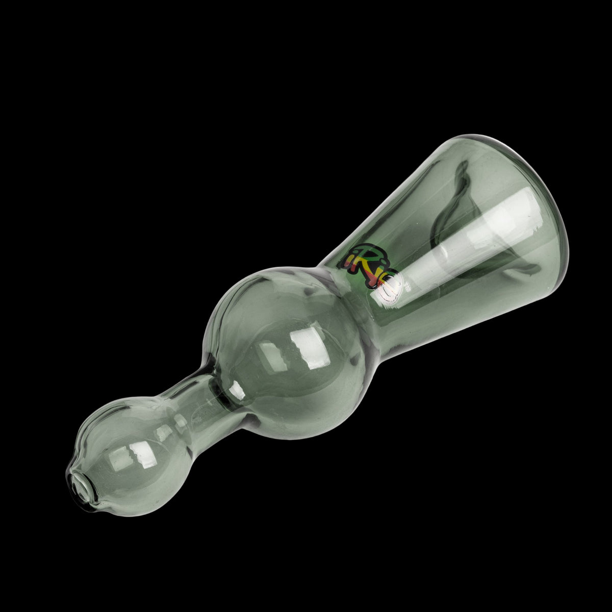 iRie 4.5" Chillum - Translucent smoke-gray glass chillum with a rounded center chamber and flared mouthpiece, angled diagonally.