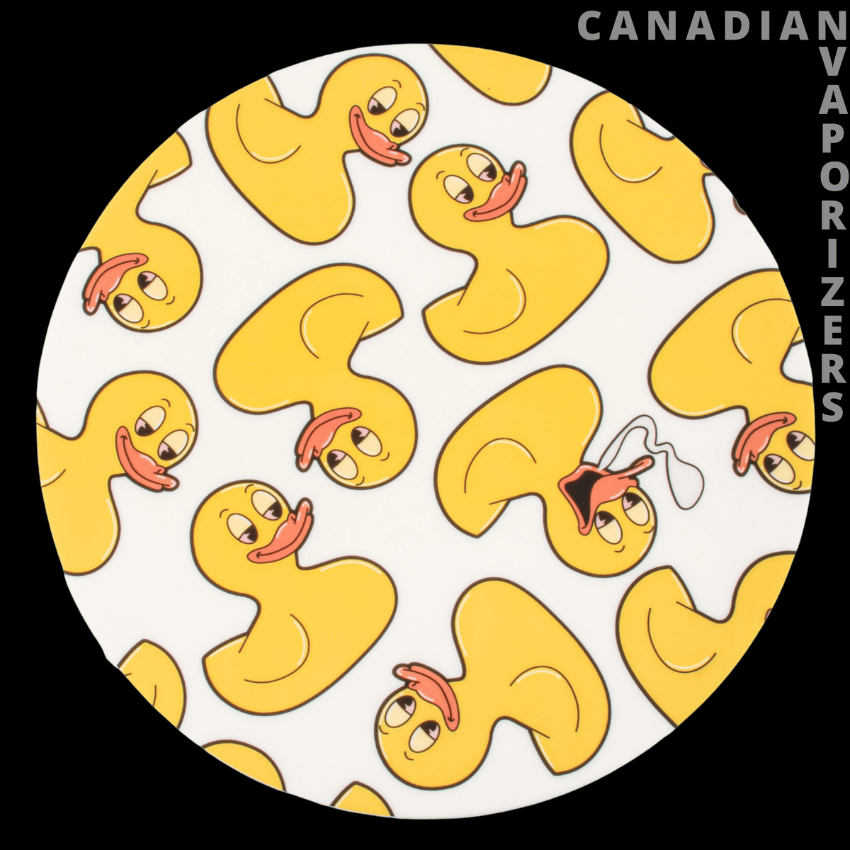7.8" Rubber Ducky Dab Mat - Round black dab mat with a cream center covered in repeating yellow rubber ducks and a few ducklings.