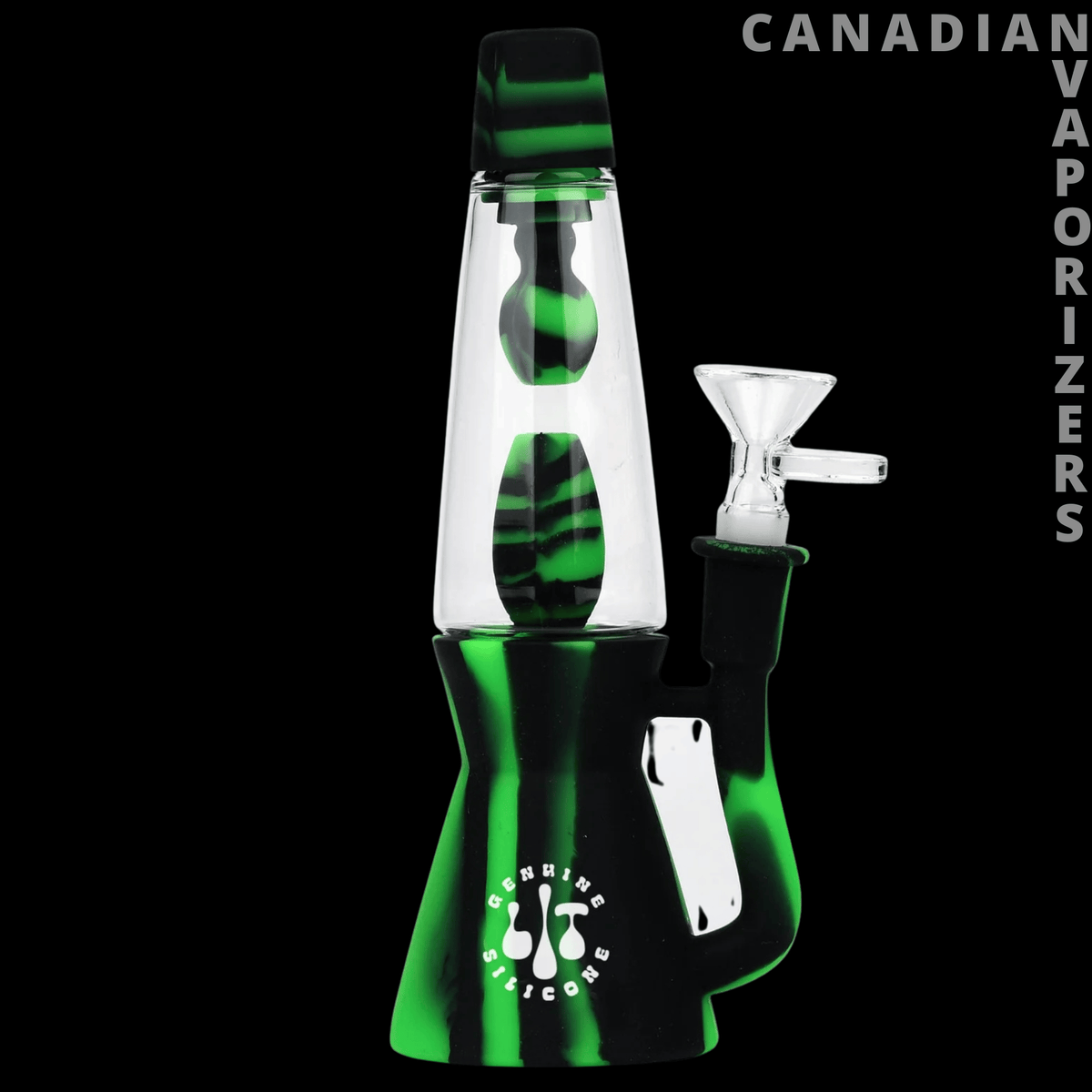 Lit Silicone 8.25" Lava Lamp Water Pipe - Green and black silicone lava lamp water pipe with a clear chamber, green accents, and glass bowl.