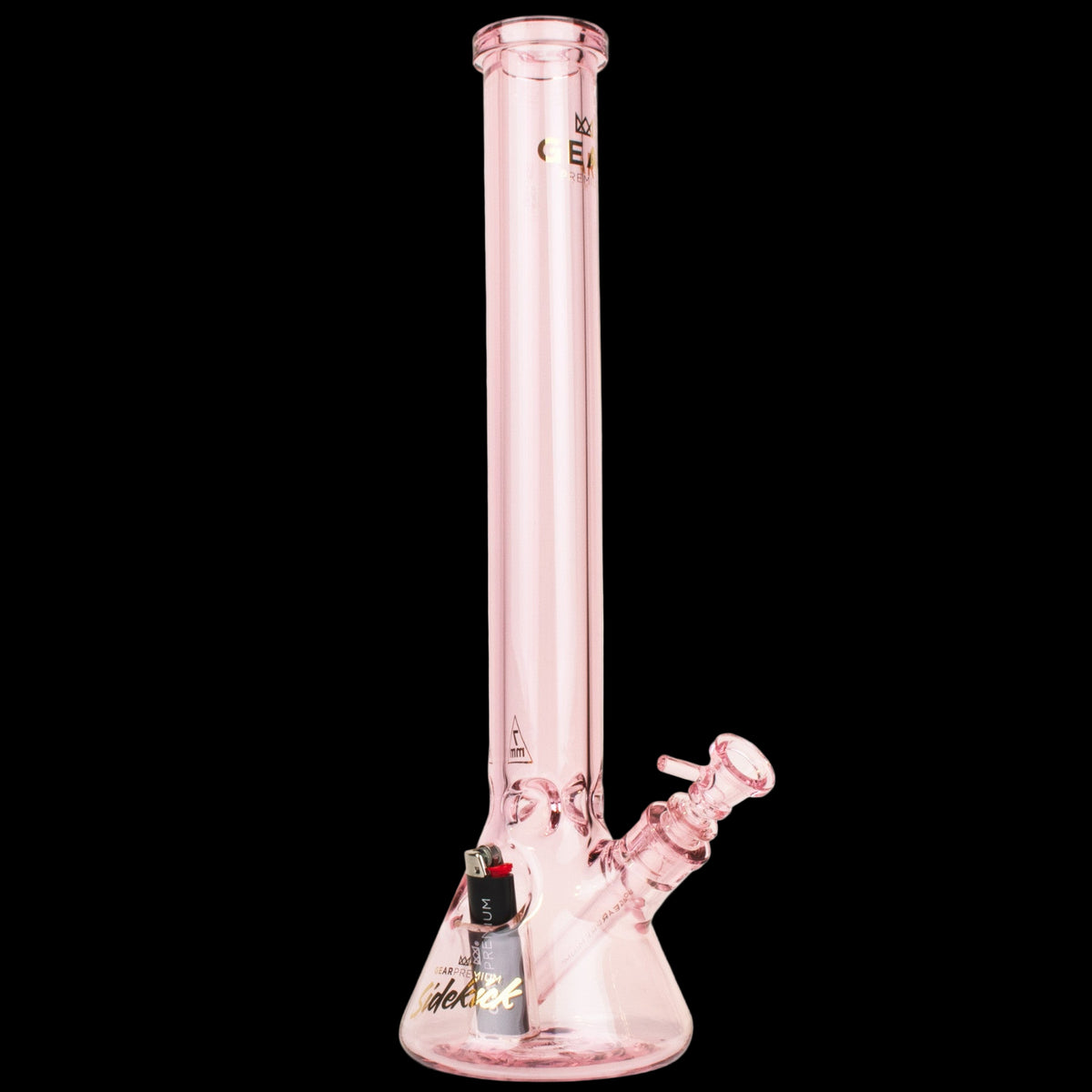 Gear Premium 18" 7mm Thick Sidekick Beaker Tube - Pink glass beaker bong with a tall straight neck, flared base, and angled sidekick bowl.