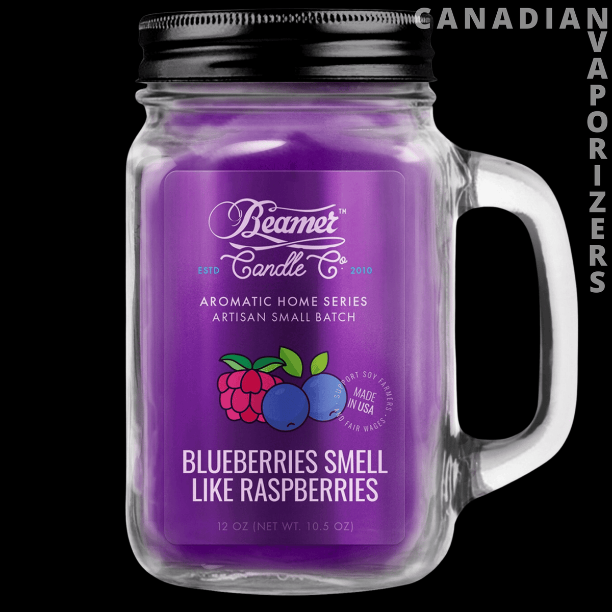 Beamer Candle Co 12oz Blueberries Smell Like Raspberries Candle - Purple blueberry-scented candle in a clear mason jar with a black lid and handle.