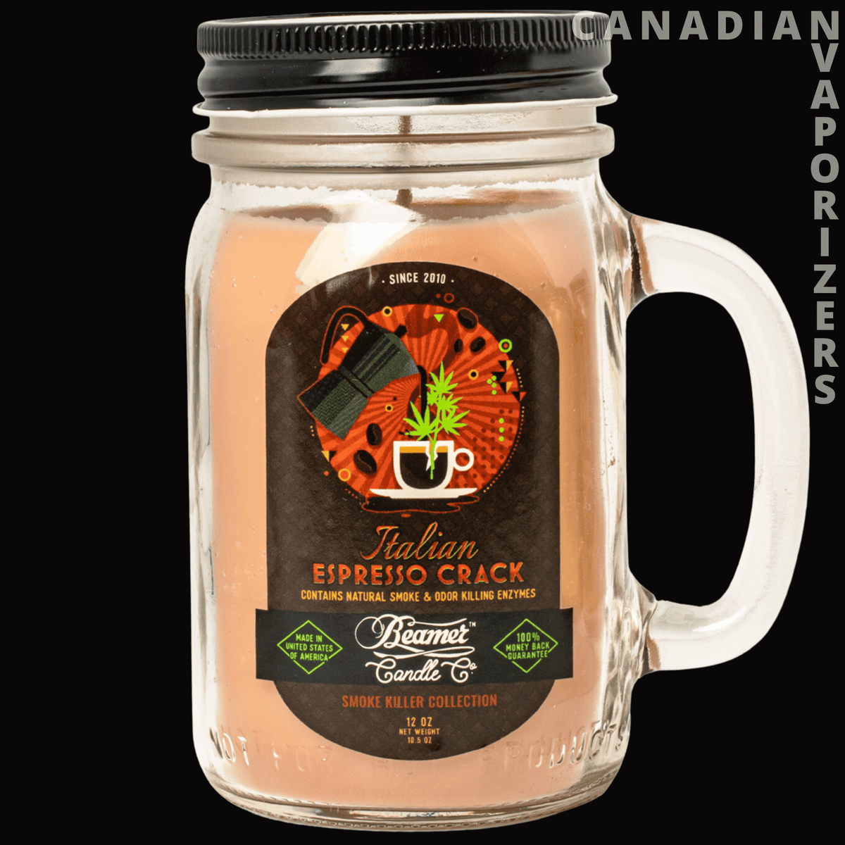 Beamer Candle Co 12oz Italian Espresso Crack Candle - Peach-colored espresso crack candle in a clear mason jar with a black lid and white handle.