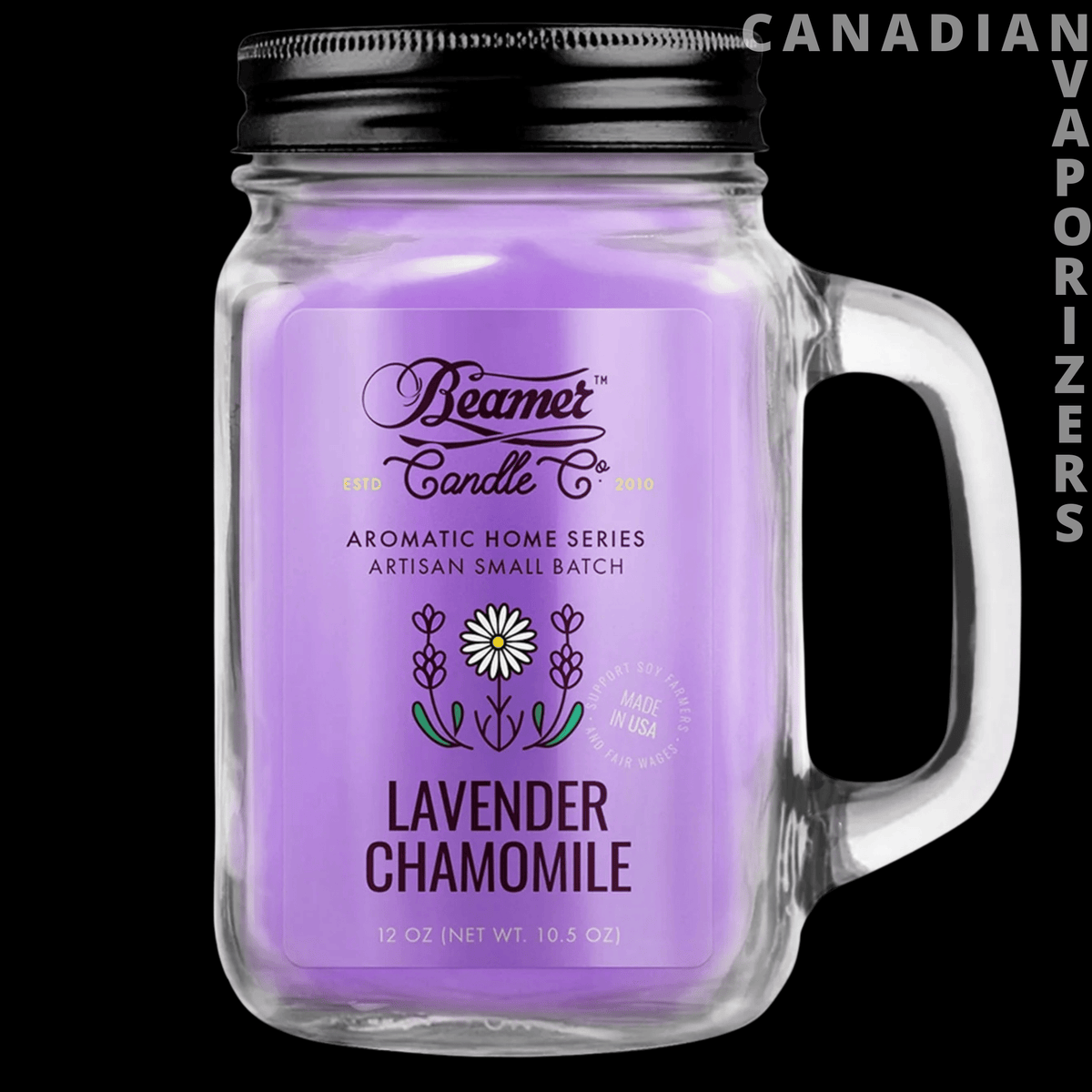 Beamer Candle Co 12oz Lavender Chamomile Candle - Lavender chamomile candle in a purple glass mason jar with a black lid and handle.