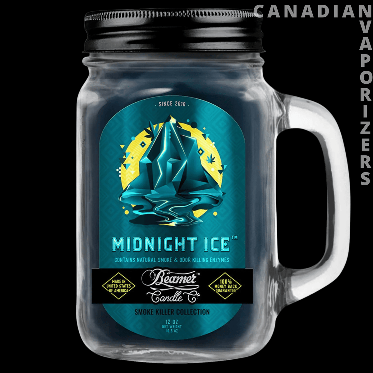 Beamer Candle Co 12oz Midnight Ice Candle - Clear handled glass jar candle with a black lid and teal label featuring a glowing iceberg design.