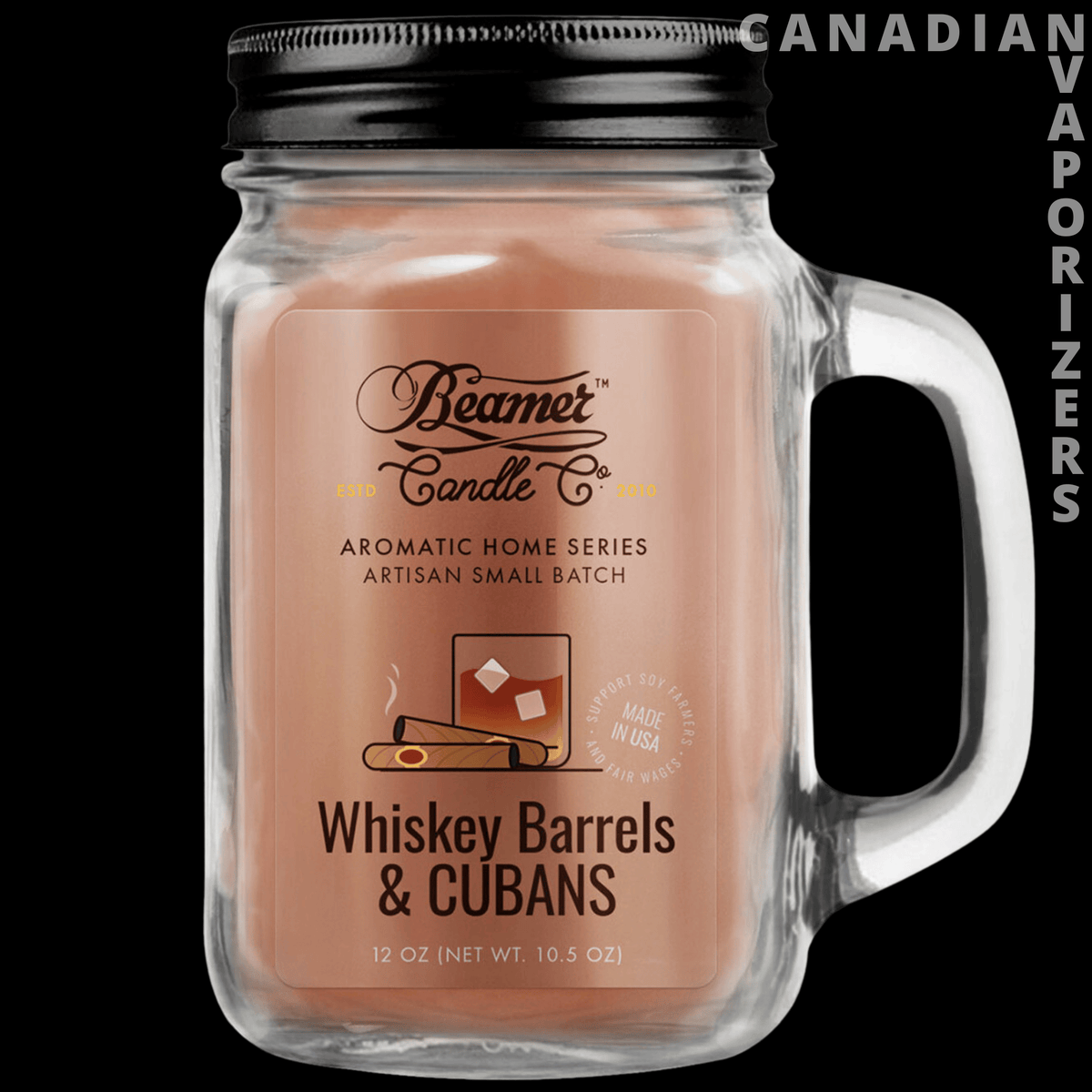 Beamer Candle Co 12oz Whiskey Barrels & Cubans Candle - Peach-colored Whiskey Barrels & Cubans candle in a clear mason jar mug with a black lid and handle.