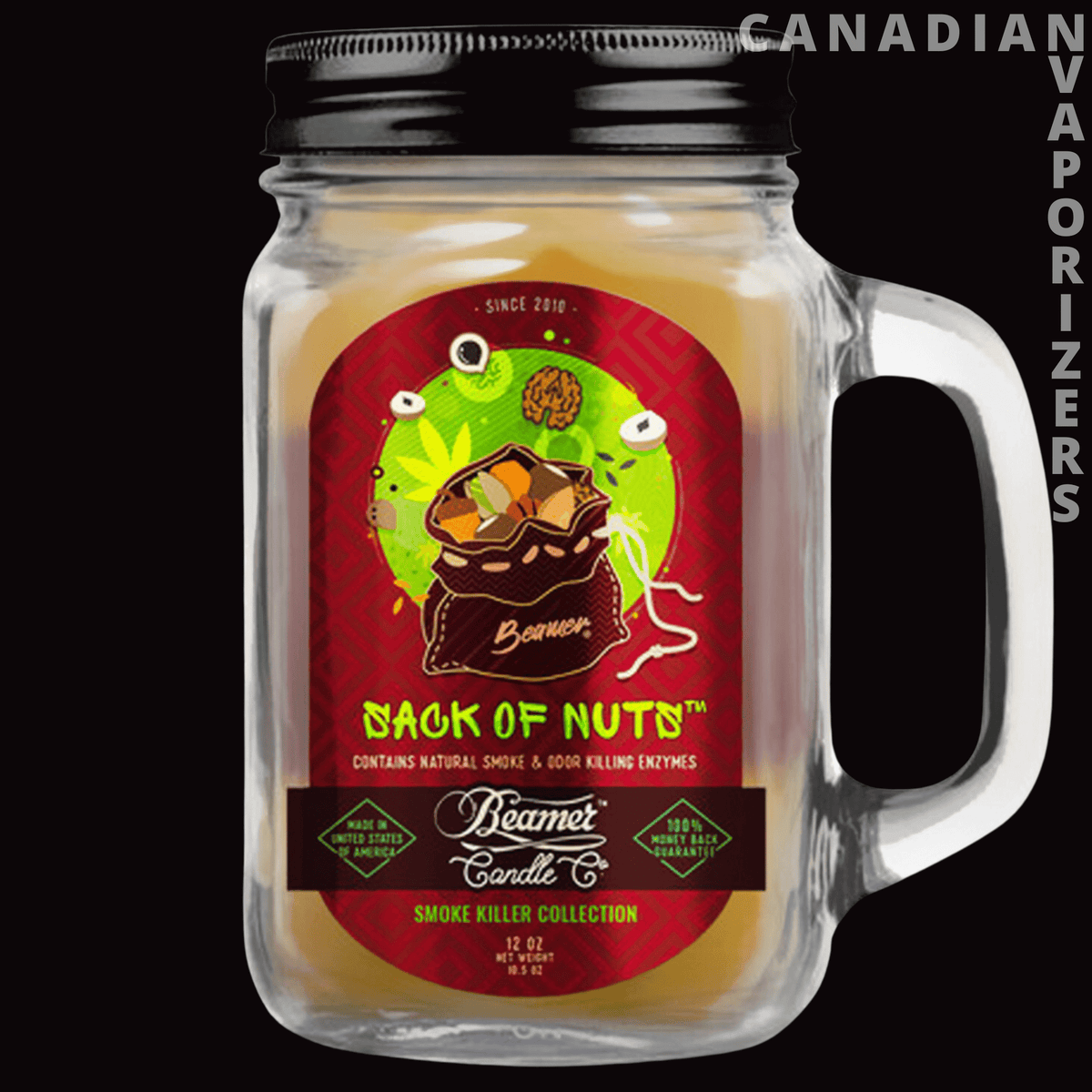 Beamer Candle Co 12oz Sack of Nuts Candle - Clear mason jar candle with a black lid, white handle, and red “Sack of Nuts” label.