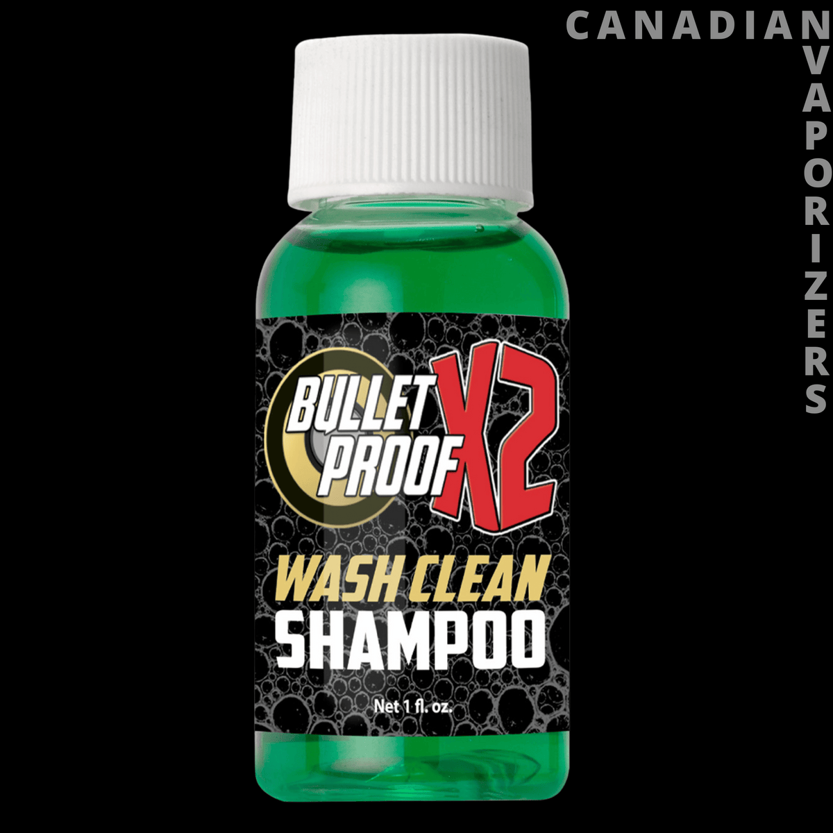 Bullet Proof X2 Wash Clean Shampoo - Green Bullet Proof X2 Wash Clean Shampoo bottle with a white cap and bold black, yellow, and red label.