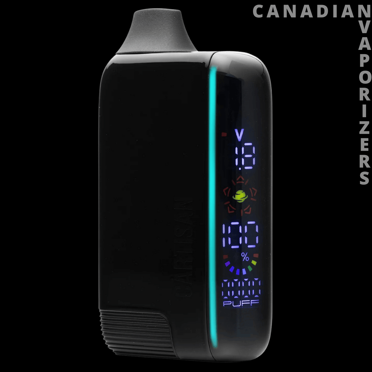 Cartisan Veil Bar Pro Evo 510 Battery - Black Cartisan Veil Bar Pro Evo battery with a glowing cyan edge, colorful digital display, and tapered mouthpiece.