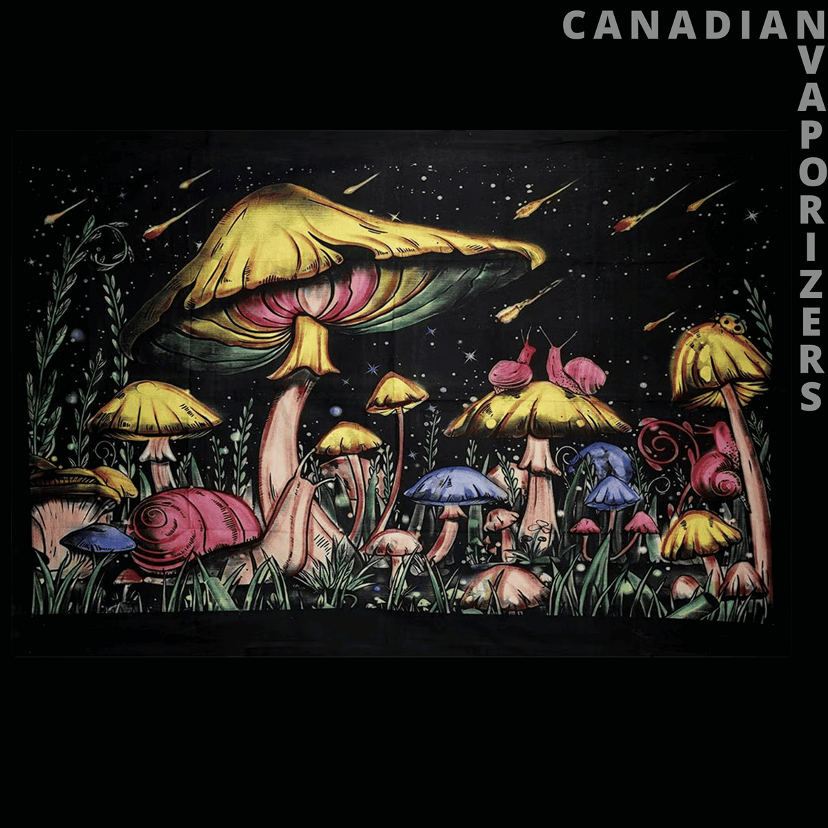 Celestial & Psychedelic Tapestry - Black tapestry featuring colorful fantasy mushrooms and flowers beneath a starry night sky.