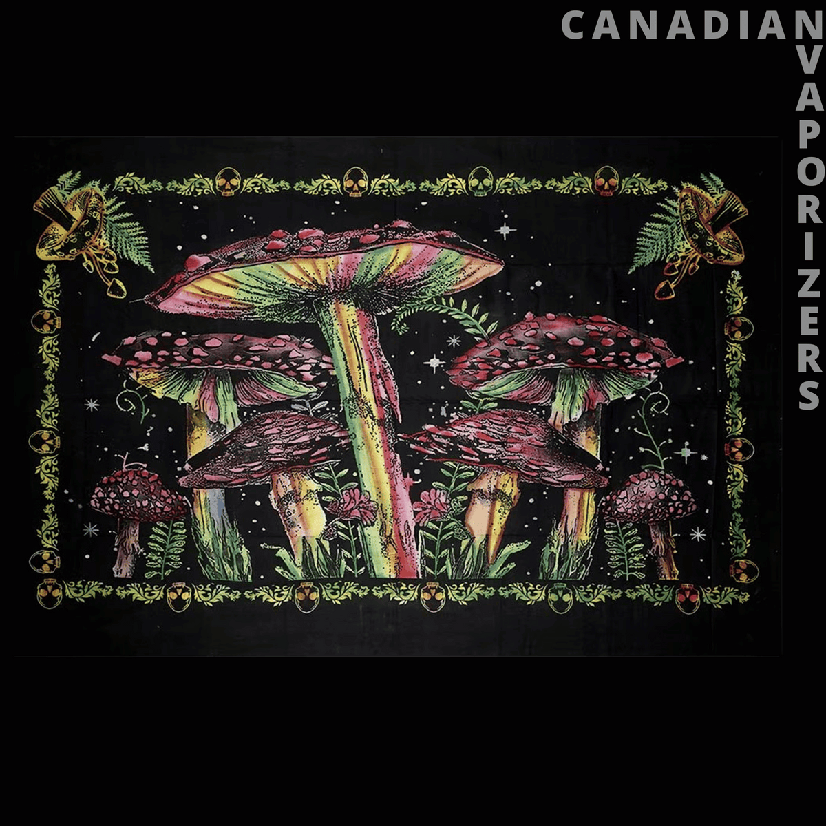 Celestial & Psychedelic Tapestry - Black tapestry featuring a cluster of colorful psychedelic mushrooms, stars, and ornate green-gold borders.