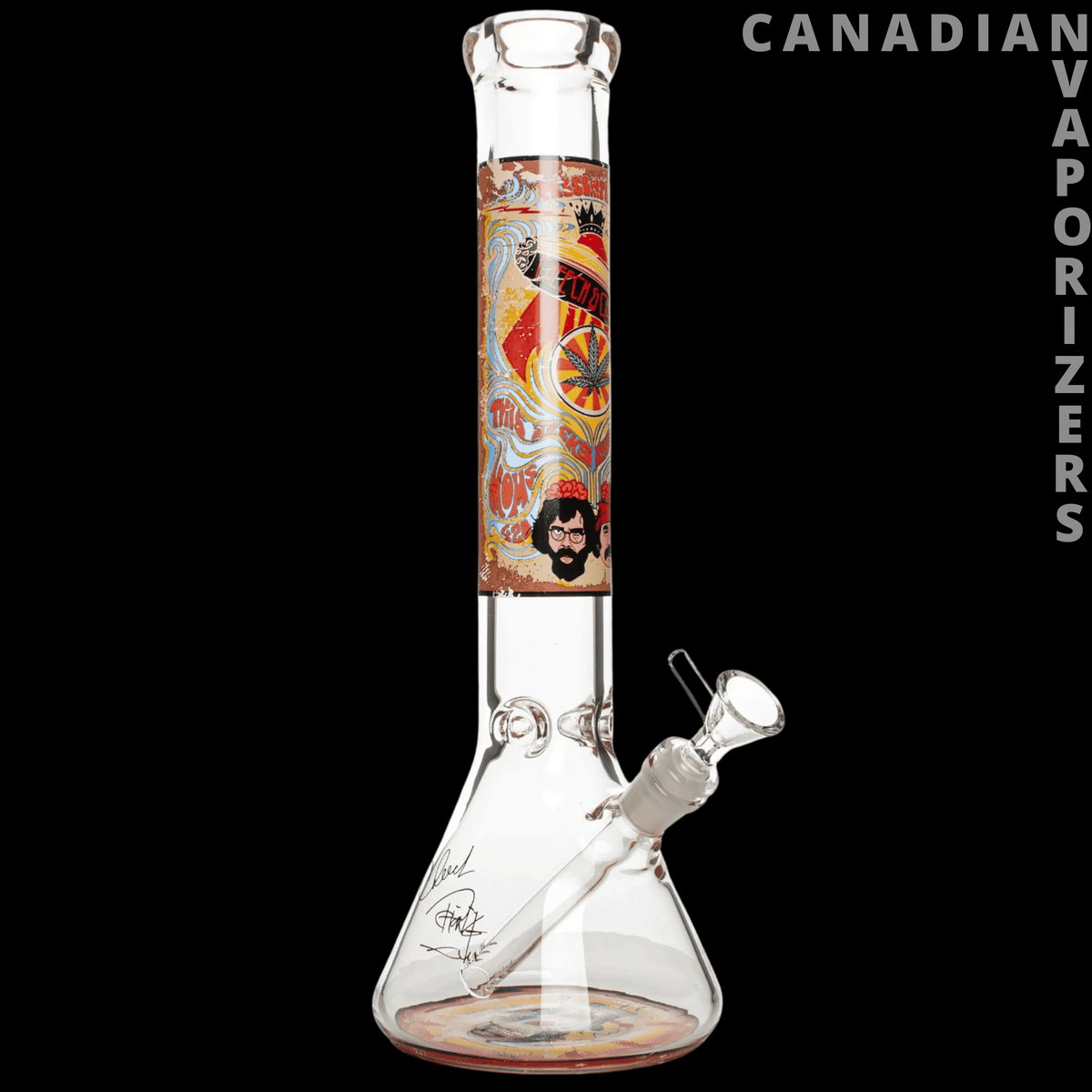 Cheech And Chong 15" Glass 7mm Thick 420 Mind Meld Water Pipe - Clear 15-inch glass water pipe with a colorful Cheech and Chong graphic, angled side stem, and flared base.
