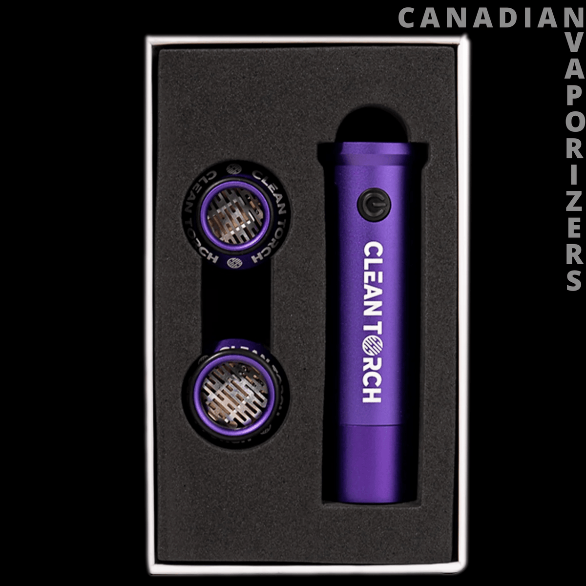 Clean Torch Set - Purple CleanTech torch set with a slim metallic lighter and two round torch accessories in a black foam case.