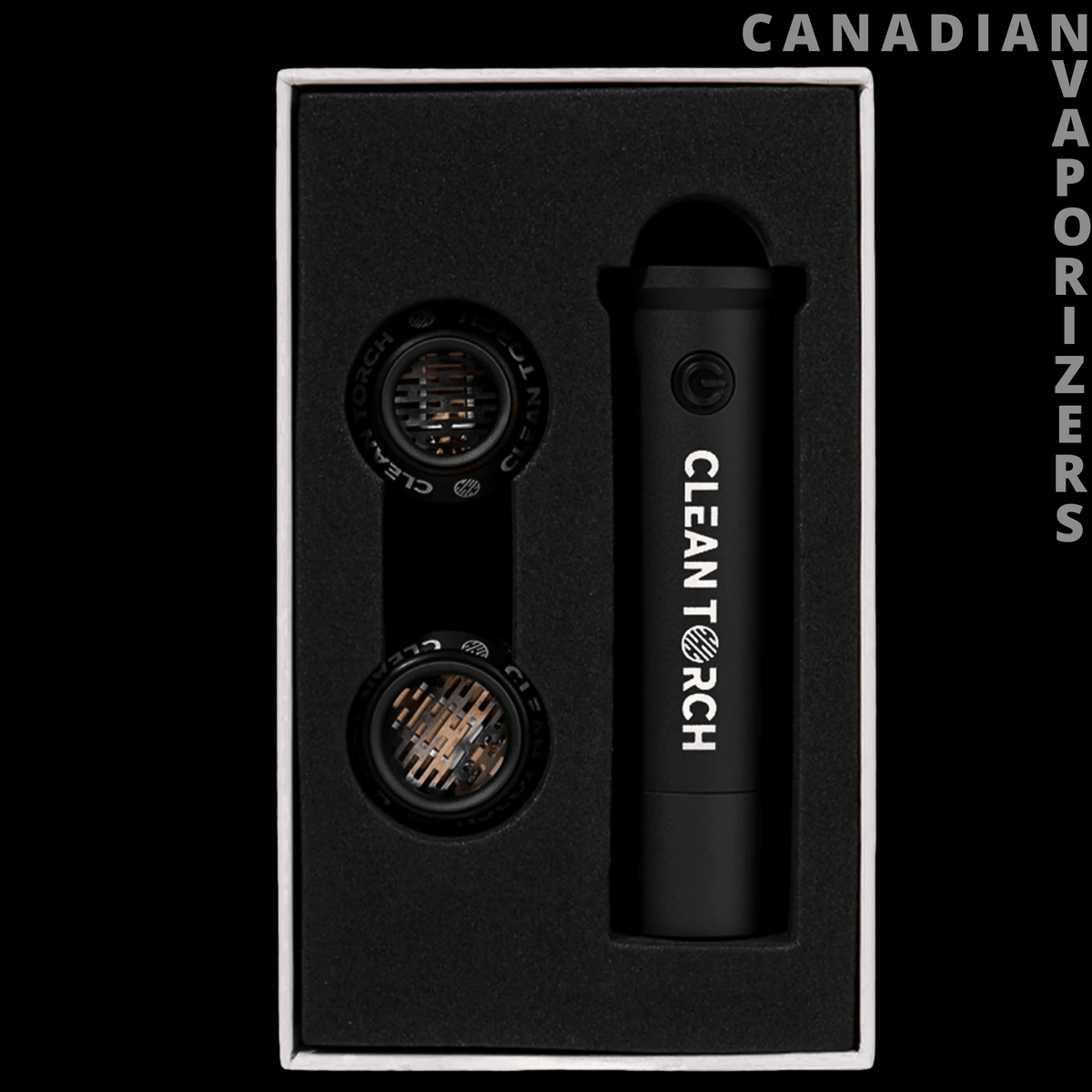 Clean Torch Set - Black Clean Torch set with a slim cylindrical torch and two round accessories in a presentation box.