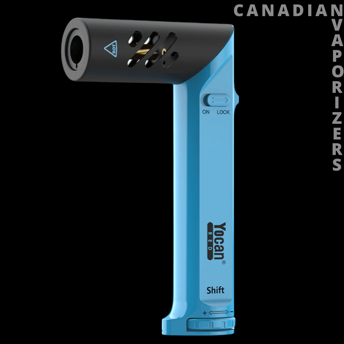 Yocan Shift Torch - Blue Yocan Shift torch with a black angled nozzle, ventilation slots, and a slim ergonomic handle.