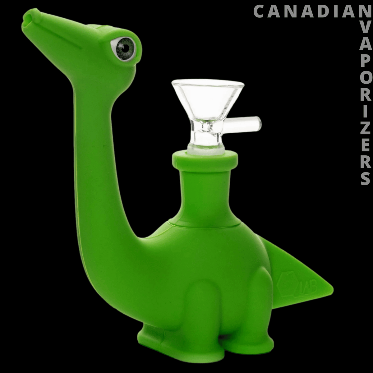 Lit Silicone 5.25" Dino Travel Pipe - Bright green silicone dinosaur-shaped travel pipe with a clear glass bowl and four stubby legs.
