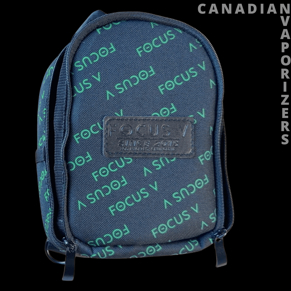 Focus V Aeris Vaporizer - Black Focus V Aeris carrying case with teal logo print, front mesh pocket, zipper, and shoulder straps.