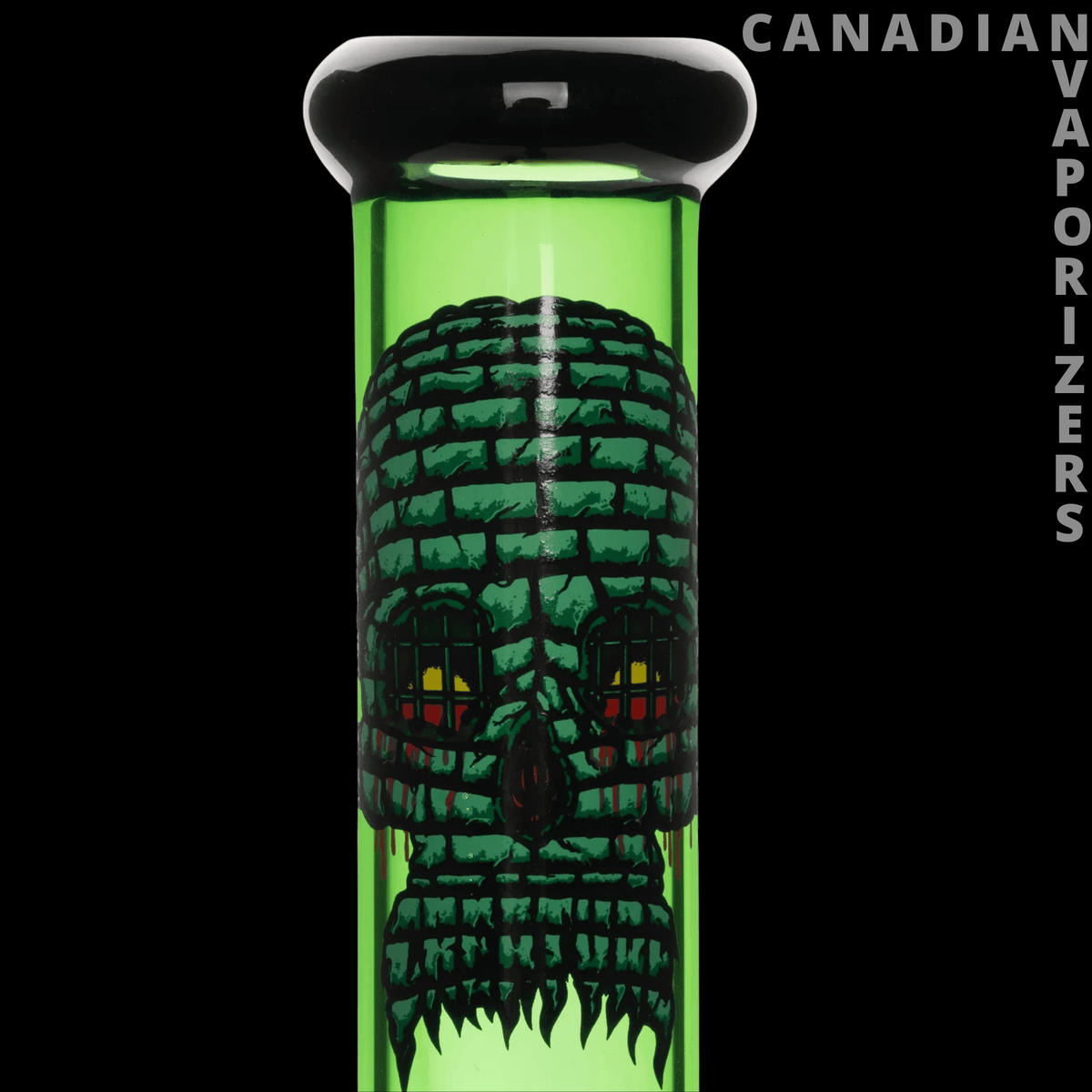 Gear Premium 10” Water Pipes - Green glass water pipe with a black rim and a large snarling skull design in dark green and red.