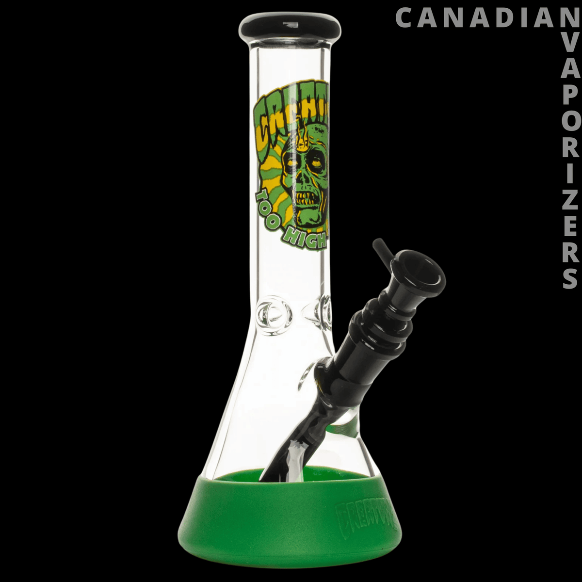 Gear Premium 10” Water Pipes - Clear glass water pipe with a bright green base and colorful cartoon monster decal, featuring a black angled downstem.