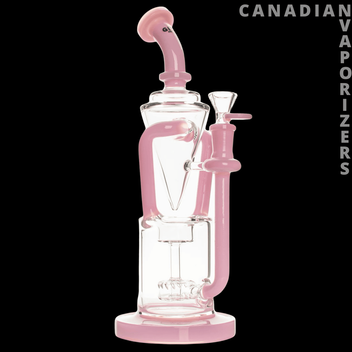 Gear Premium 11" Outcycler Bubbler - Pink glass bubbler with a curved mouthpiece, clear chamber, and compact round base.