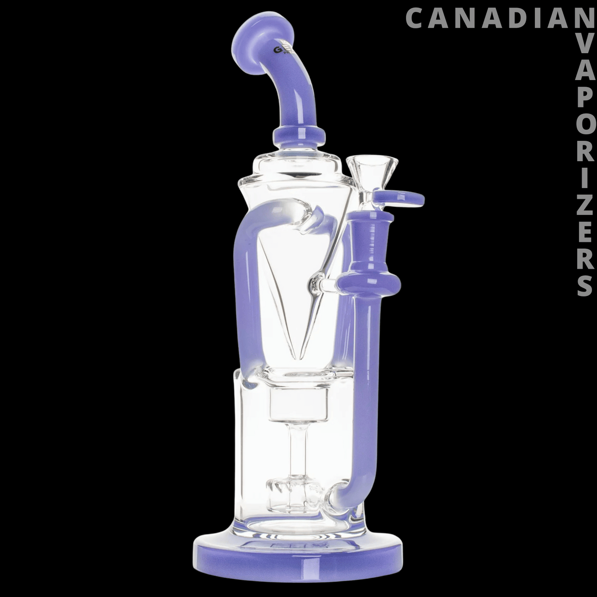 Gear Premium 11" Outcycler Bubbler - Clear glass bubbler with lavender accents, a curved mouthpiece, angled bowl, and round base.