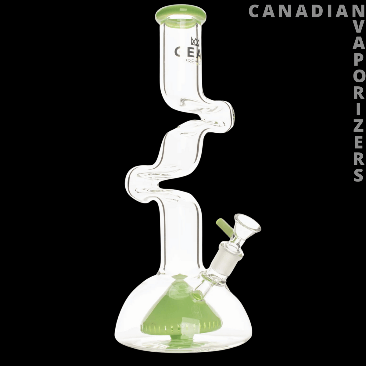 Gear Premium 12" 2-Arm Zorro Water Pipe - Clear glass 12-inch Zorro water pipe with a green Slyme base, curved neck, and angled bowl.
