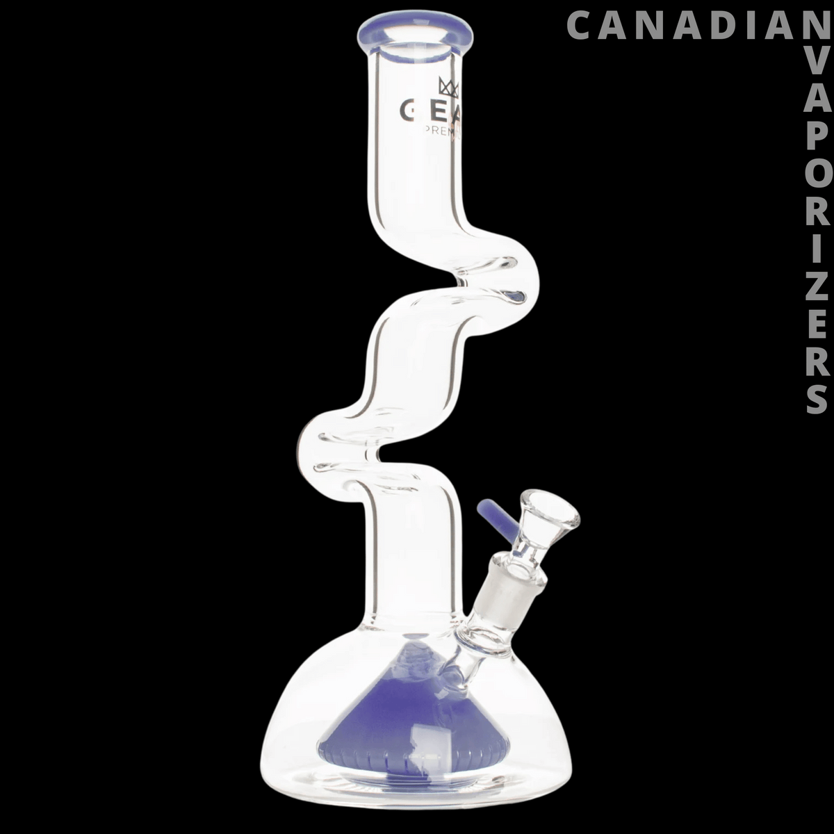 Gear Premium 12" 2-Arm Zorro Water Pipe - Clear glass water pipe with a twisted neck, purple base accents, and angled side bowl.
