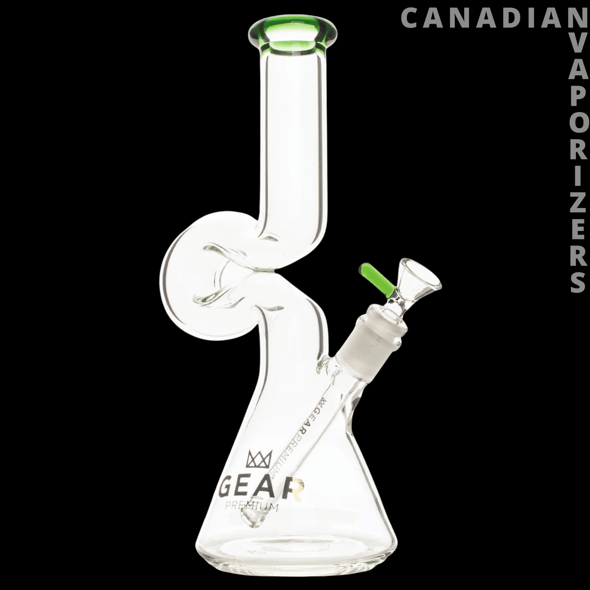 Gear Premium 12" Loopy Water Pipe - Clear glass Gear water pipe with a looping neck, green mouthpiece rim, and angled bowl.