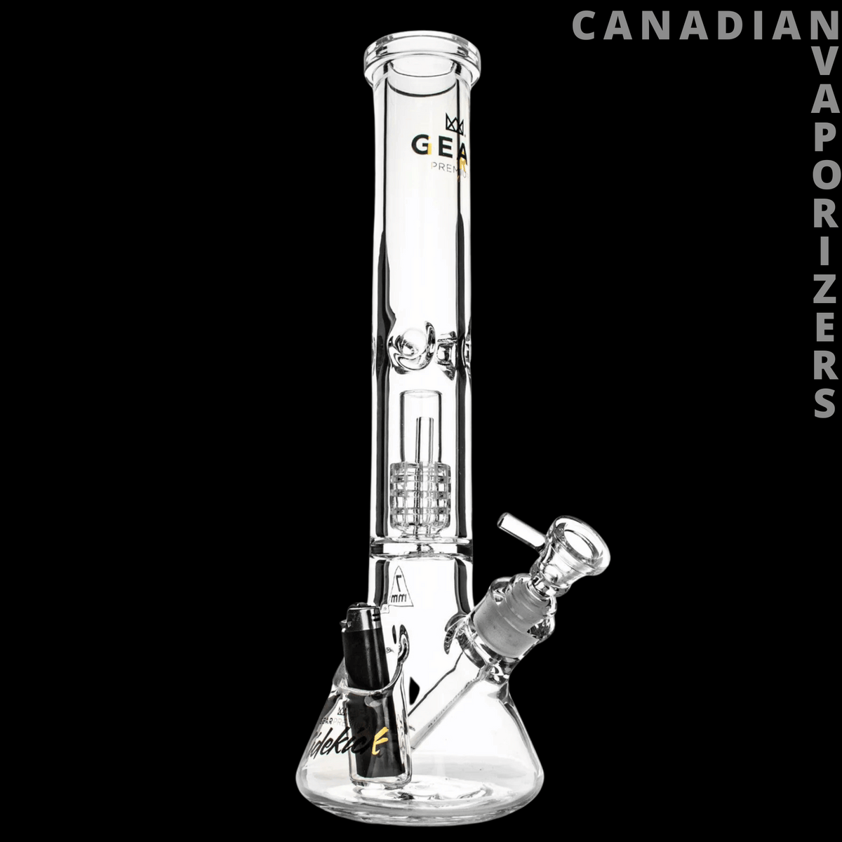 Gear Premium 15.5" 7mm Thick Sidekick Dual Chamber Beaker Base Water Pipe - Clear glass beaker water pipe with a dual-chamber neck, sidekick bowl, and sturdy base.