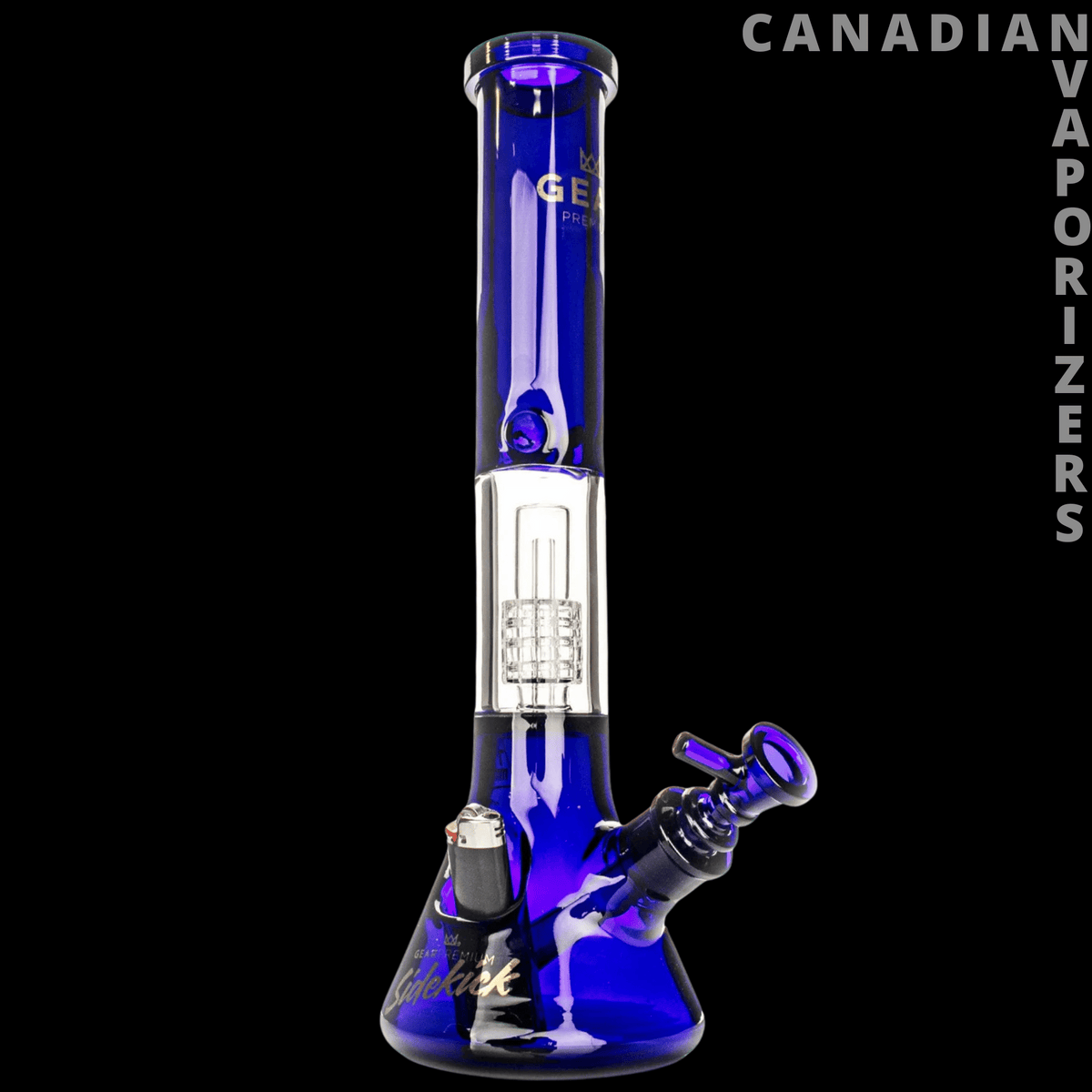 Gear Premium 15.5" 7mm Thick Sidekick Dual Chamber Beaker Base Water Pipe - Blue glass dual-chamber beaker water pipe with a wide base and angled sidekick joint.
