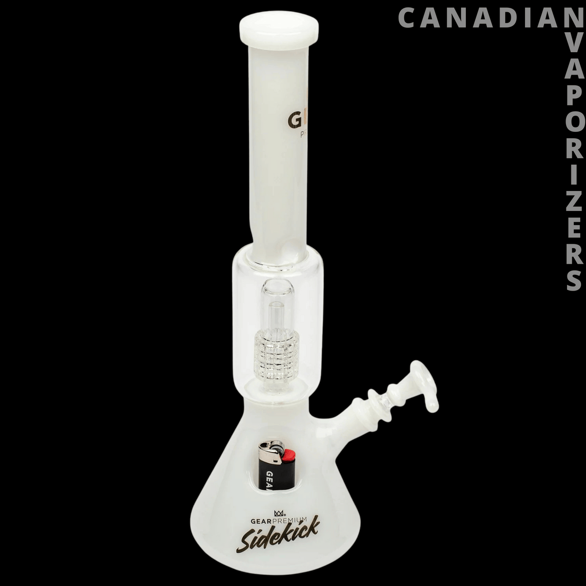 Gear Premium 15.5" Sidekick Boost Beaker Tube - White glass beaker tube with a wide base, sidekick chamber, and black-and-red accent valve.