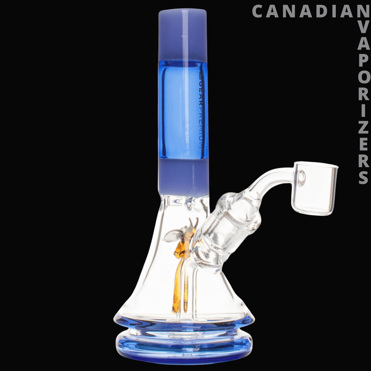 Gear Premium 6" Bee Concentrate Rig - Clear glass 6-inch concentrate rig with a blue neck and base, angled glass arm, and quartz banger.