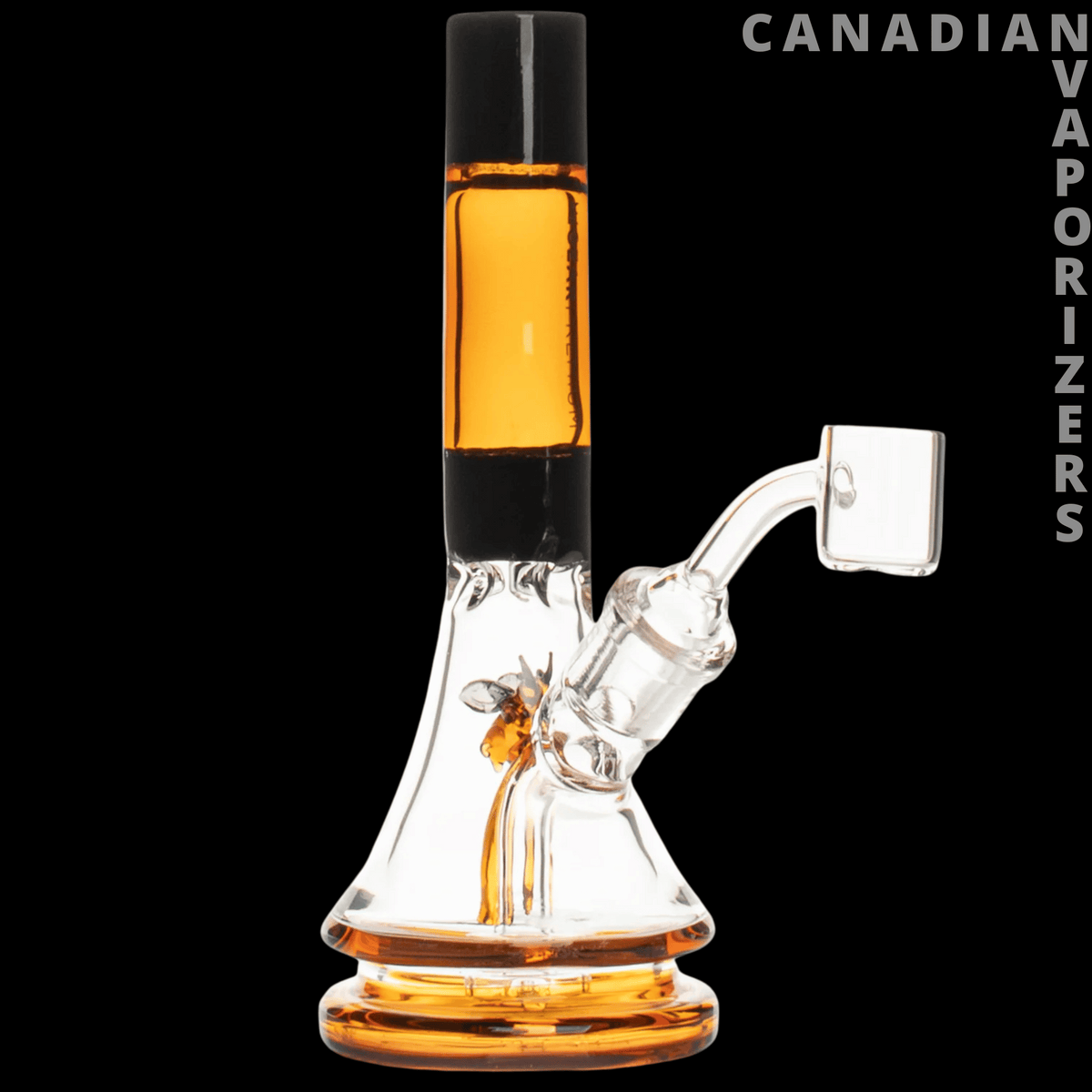 Gear Premium 6" Bee Concentrate Rig - Clear glass concentrate rig with amber accents, a flared base, angled joint, and black top chamber.
