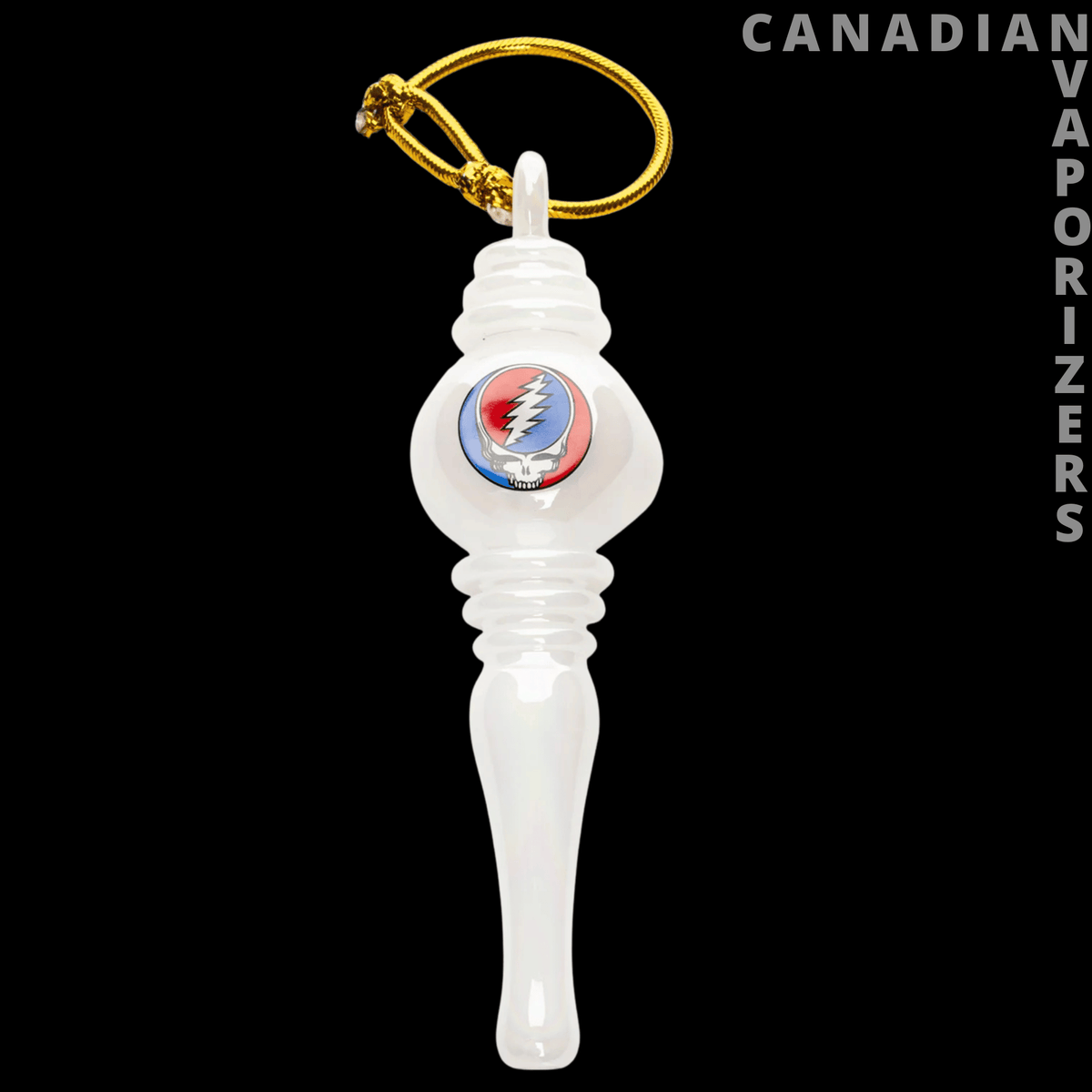 Grateful Dead 6" Holiday Ornament Hand Pipe - White glass hand pipe ornament with ribbed body, Grateful Dead emblem, and gold hanging loop.