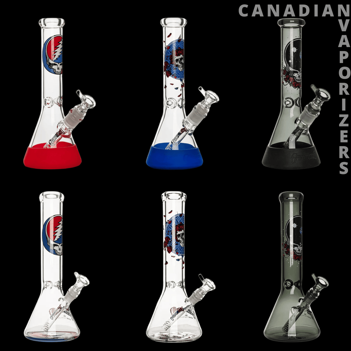 Grateful Dead Bong Bundle - Six Grateful Dead glass water bongs with beaker bases in red, blue, black, and clear finishes.