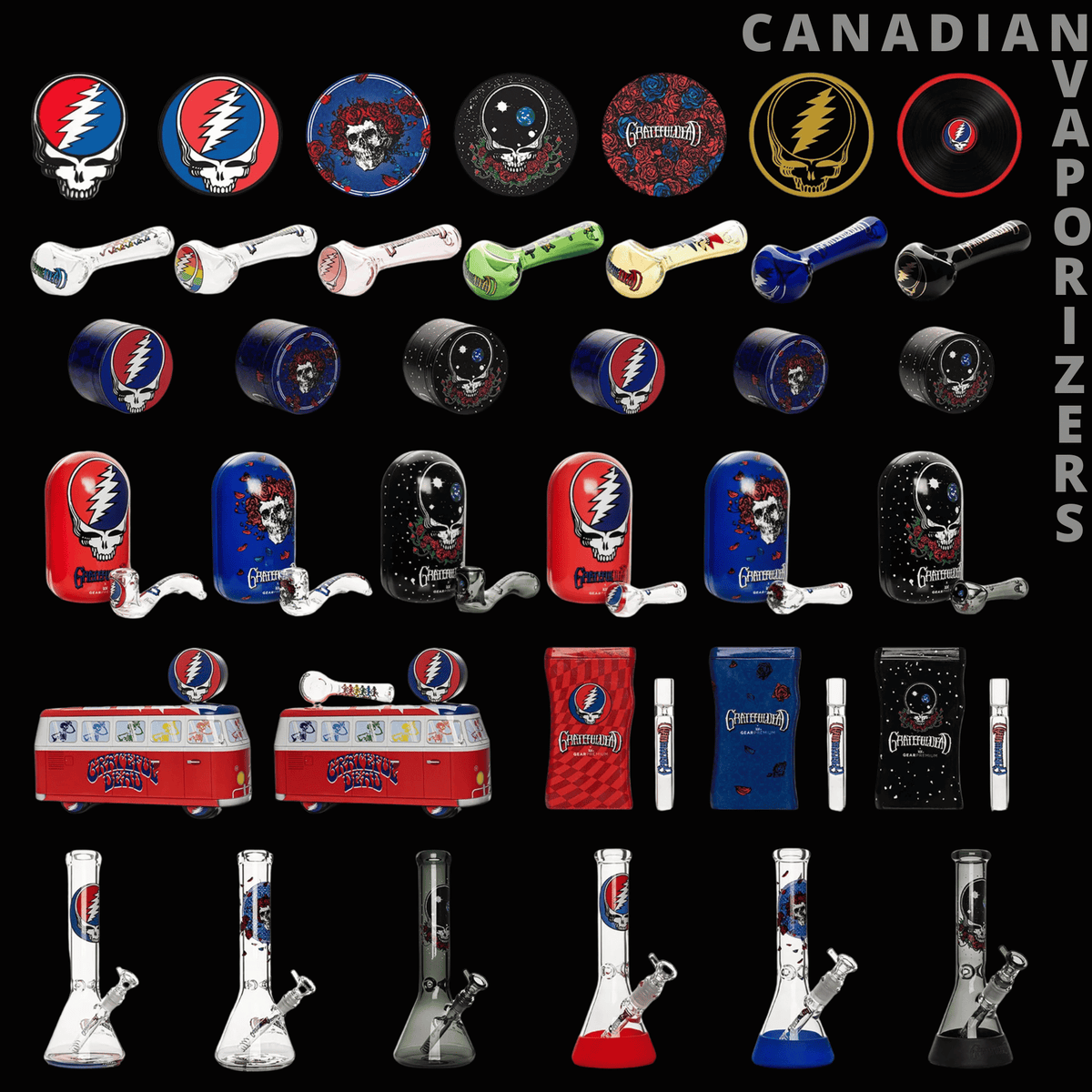 Grateful Dead Full Wholesale Bundle - Grateful Dead bundle featuring colorful logo grinders, hand pipes, dab mats, dugouts, and glass bongs.