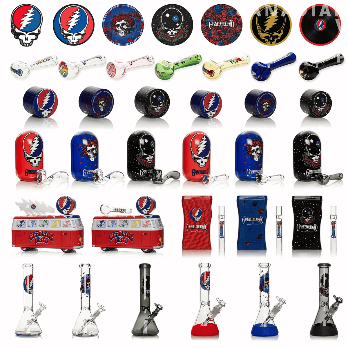 Grateful Dead Full Wholesale Bundle - Grateful Dead smoking accessories bundle with colorful logo bongs, grinders, pipes, dugouts, and dab mats.