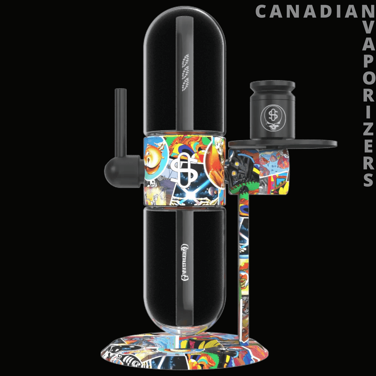 Stundenglass Gravity Bong - Stundenglass gravity bong with black glass chambers, colorful patchwork accents, and a matching stand.