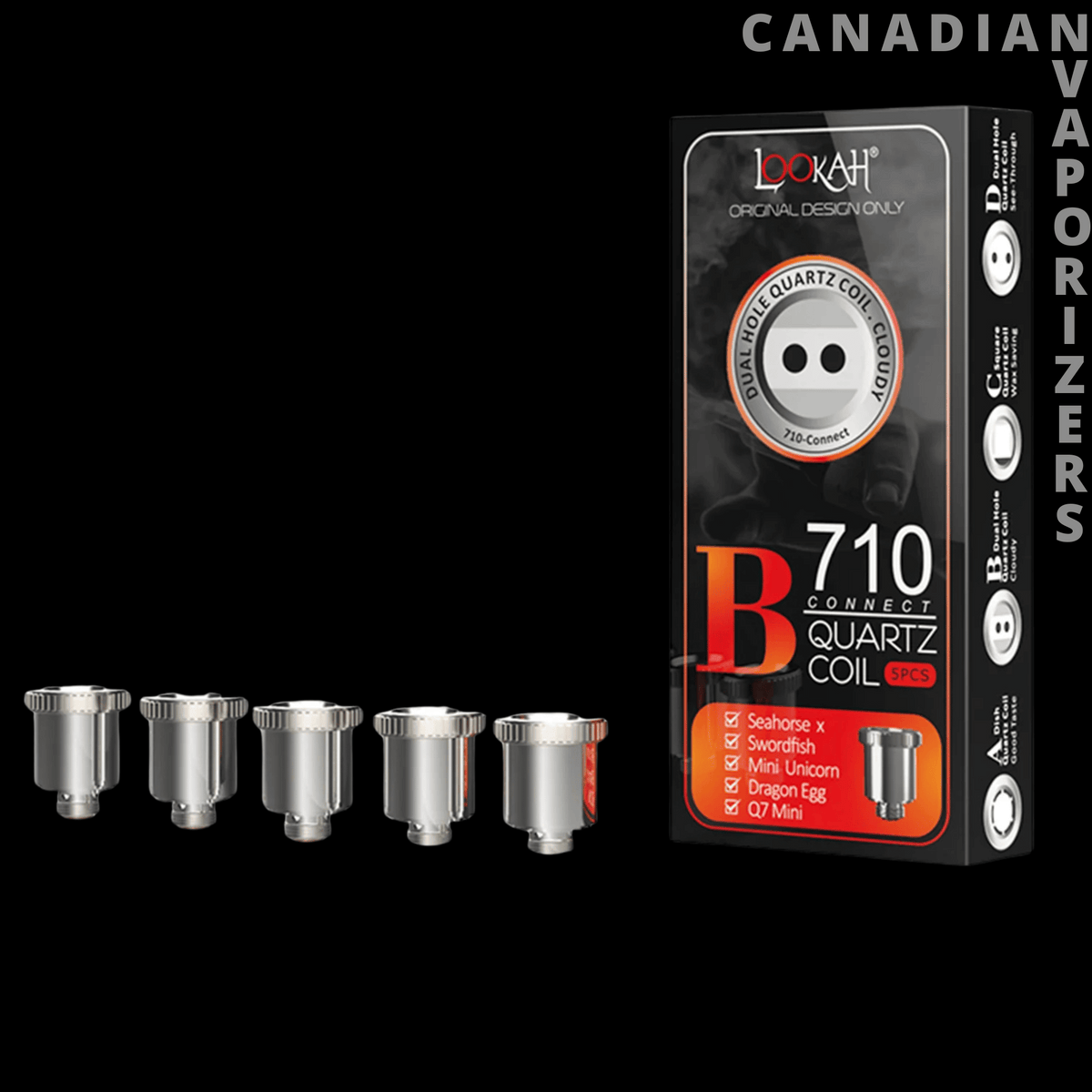Lookah 710 Quartz Coils (Pack of 5) - Five silver Lookah 710 quartz coils beside black-and-red retail packaging.