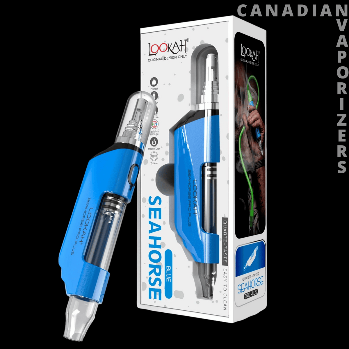 Lookah Seahorse Pro Plus Nectar Collector - Blue Lookah Seahorse Pro Plus nectar collector beside its white retail box with a clear product display window.