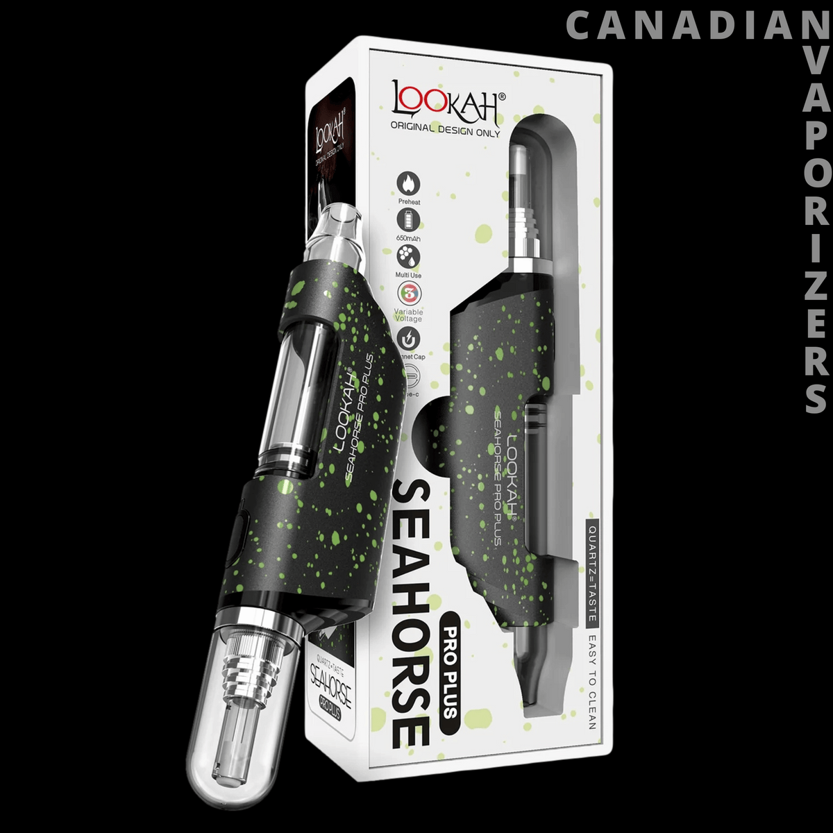 Lookah Seahorse Pro Plus Nectar Collector - Black and silver Lookah Seahorse Pro Plus nectar collector with green speckles, displayed in branded packaging.