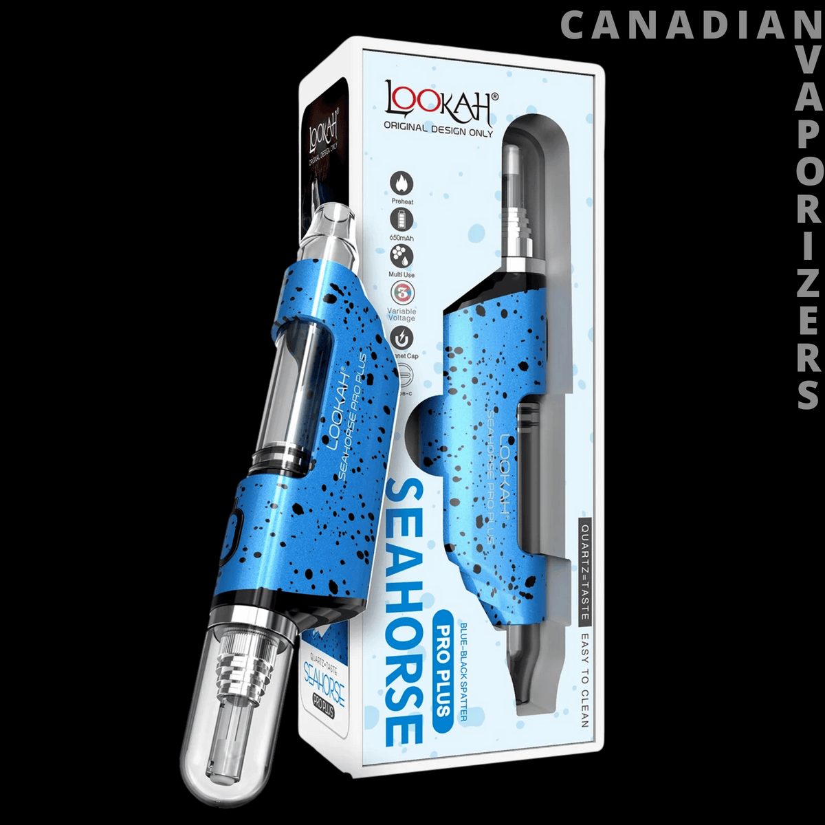 Lookah Seahorse Pro Plus Nectar Collector - Blue Lookah Seahorse Pro Plus nectar collector with a speckled grip, displayed beside its retail box.