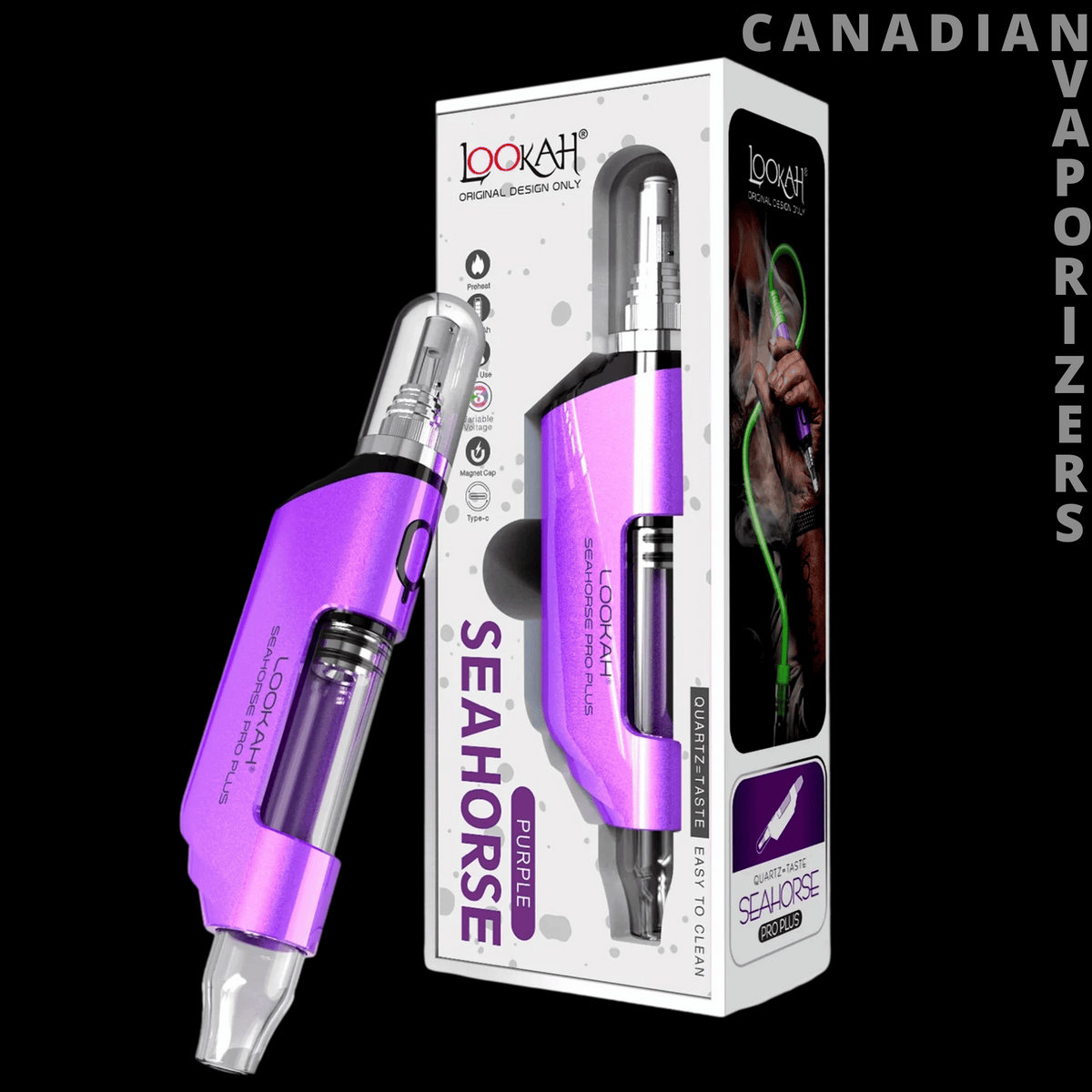 Lookah Seahorse Pro Plus Nectar Collector - Purple and silver Lookah Seahorse Pro Plus nectar collector beside its white retail box with product graphics.