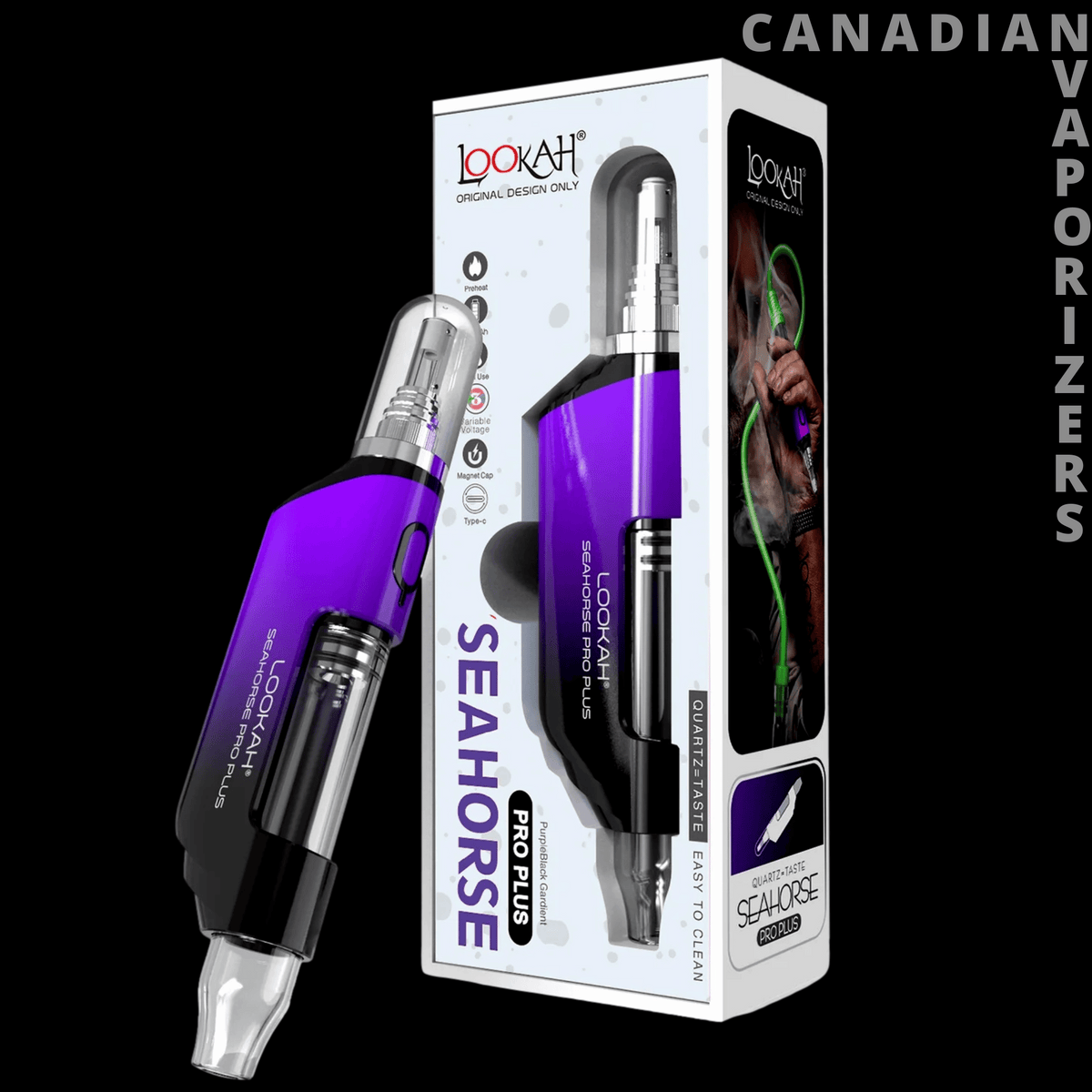 Lookah Seahorse Pro Plus Nectar Collector - Purple and black Lookah Seahorse Pro Plus nectar collector with clear tip beside its retail box.